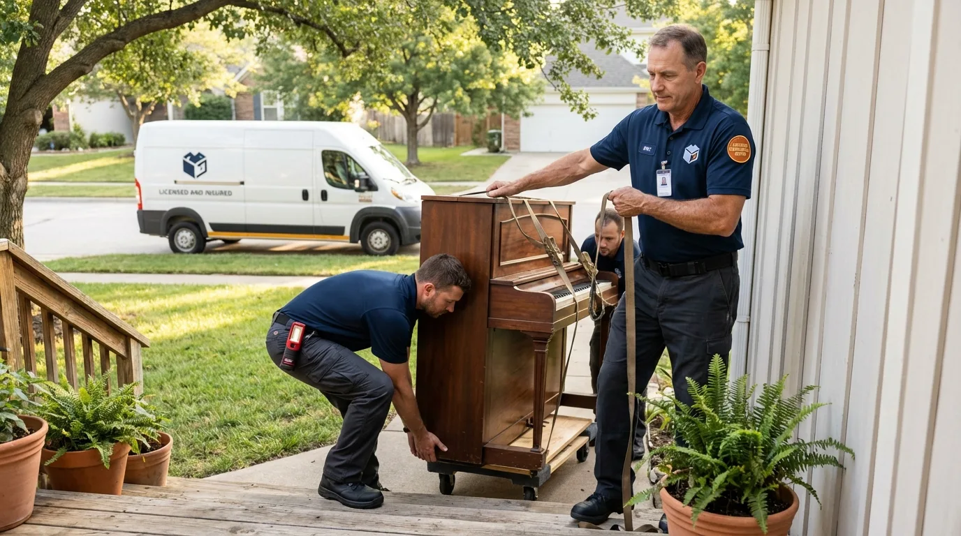 Licensed piano movers securing grand piano in Sutter, CA