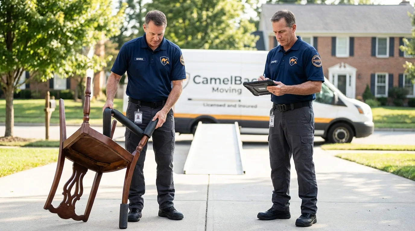Movers inspecting furniture for damage prevention before loading in Sutter, CA