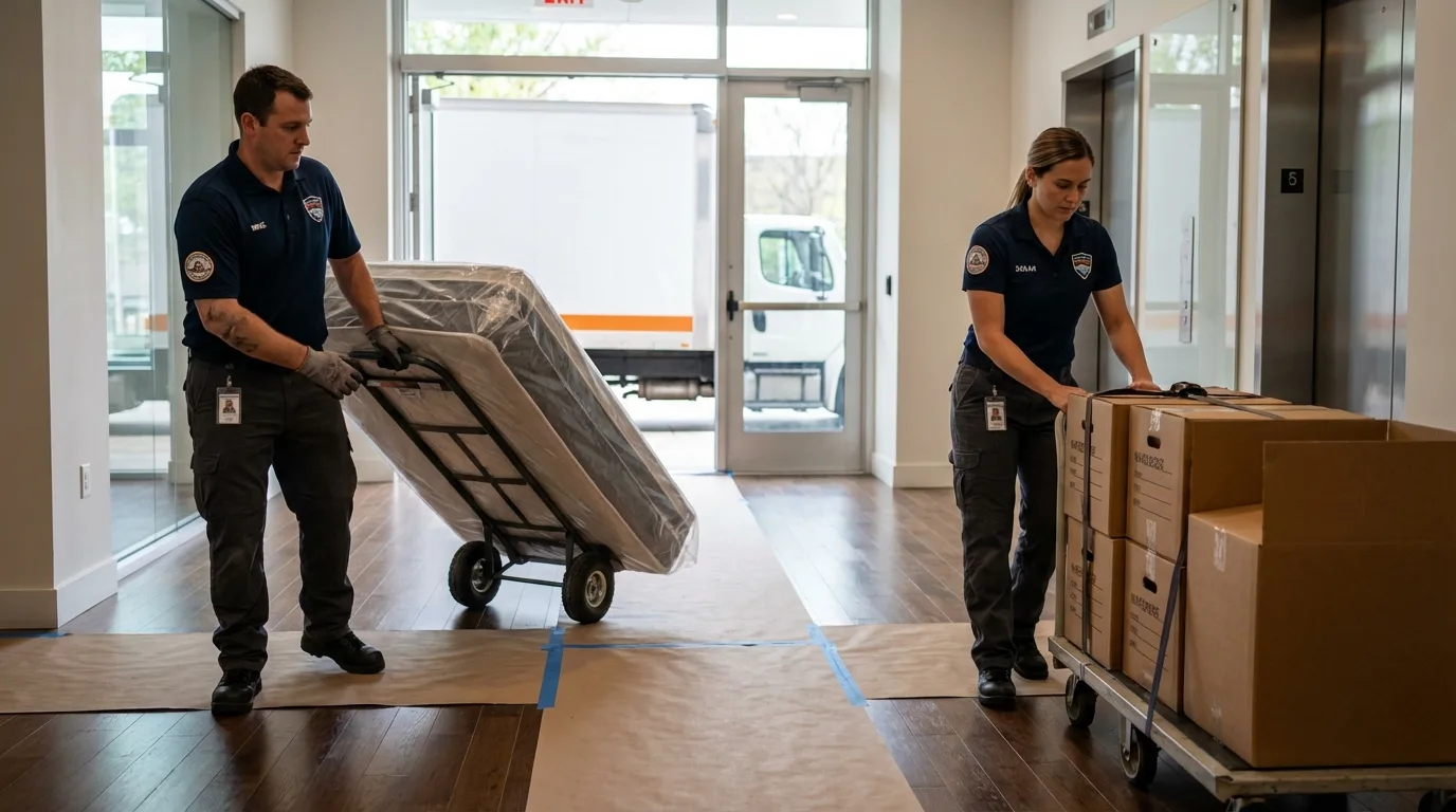 Professional apartment movers loading elevator in Sutter, CA