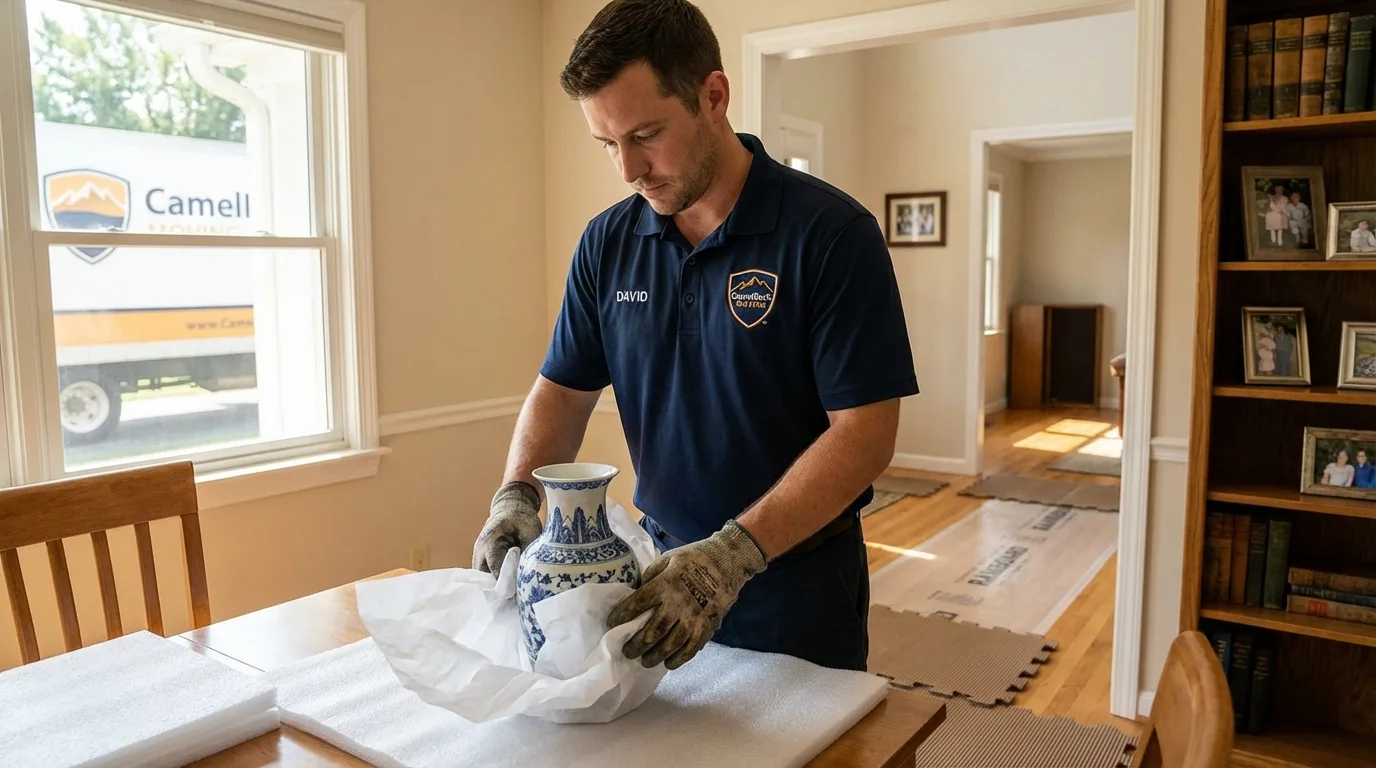 Professional crew carefully wrapping antique vase for senior downsizing move in Sutter, CA